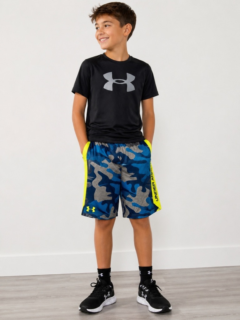 Under Armour Boys Large Blue Camo Athletic Shorts Neon Yellow